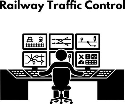 Train operator managing railway traffic and track switching on multiple dashboard screens in a control room vector icon