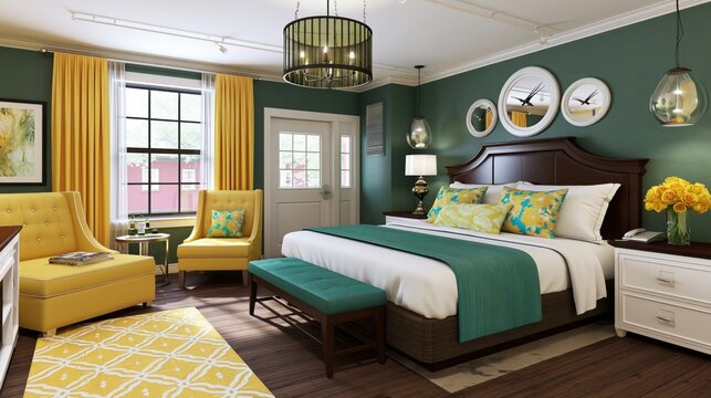 Elegant boutique hotel suite with green and yellow decor