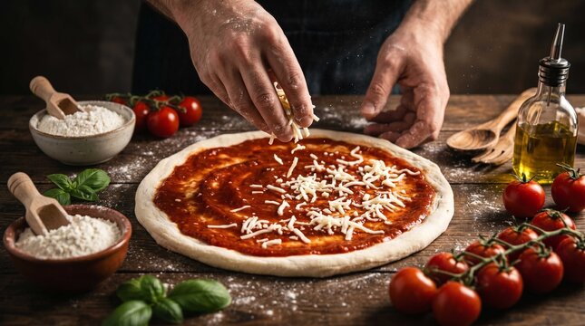 "professional chef hands sprinkling grated mozzarella cheese on raw pizza dough with tomato sauce symbolizing authentic culinary craftsmanship and passion"