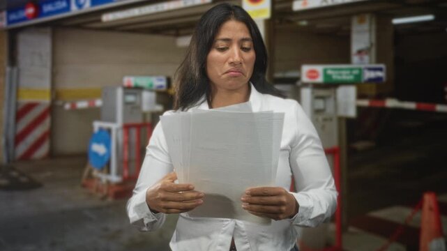 Woman holding papers with hand visible and gesturing in a building parking garage near a barrier and ticket booth; concern paperwork process.