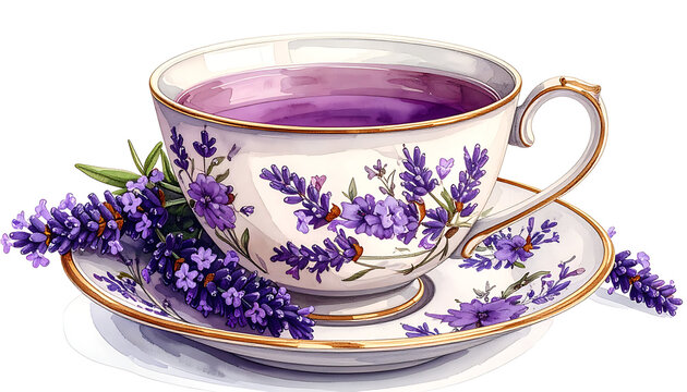 A delicate teacup and saucer with a lavender floral pattern, filled with purple liquid and garnished with lavender sprigs, evoking a sense of calm relaxation and aromatherapy