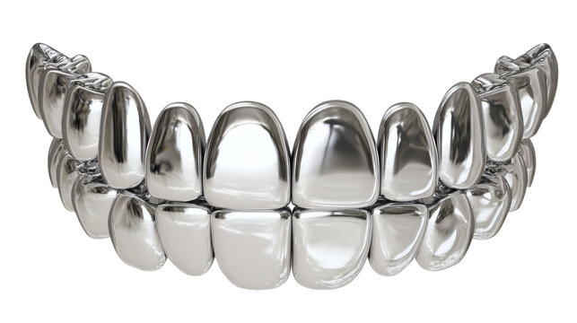 A realistic 3d rendering of a complete set of highly polished silver or chrome grillz covering both the upper and lower front teeth&nbsp;