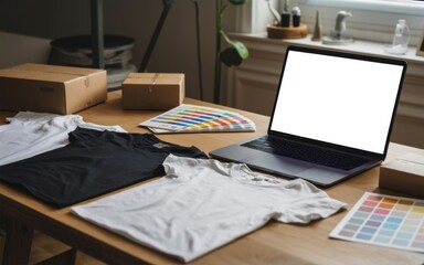 Naklejka premium Laptop featuring a blank white screen rests on a wooden desk surrounded by t-shirts and various color swatches.