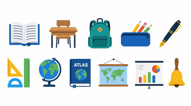 Colorful educational icons and school supplies set.