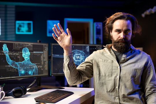 Rogue AI gaining consciousness and controlling programmer body, SF dystopian scenario, omniscient evil sentient artificial intelligence possessing developer, AI takeover concept