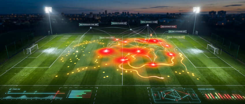 Football pitch isometric view with glowing soccer heat map and digital interface hud, horizontal banner of sports technology tracking performance data graphics over stadium field at night