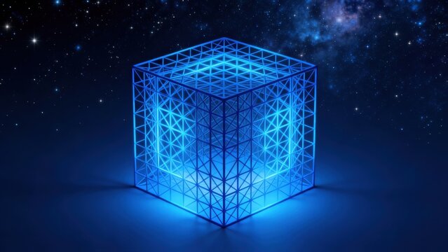 Blue glowing wireframe cube in space