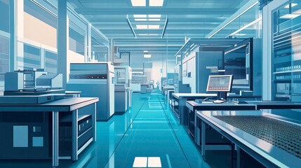 Fototapeta premium Modern cleanroom interior with high-tech equipment, shiny floors, and natural light from large windows.