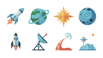 Colorful pixel art space exploration icons set. © Bay
