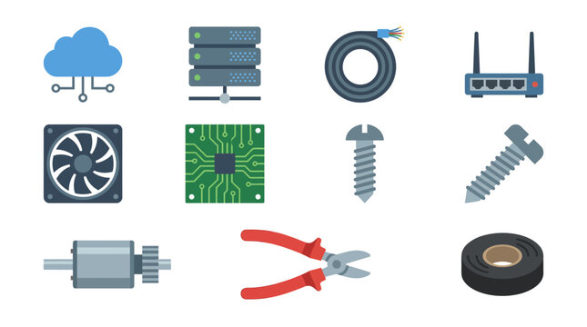 Assorted Technology and Industrial Components Illustration.