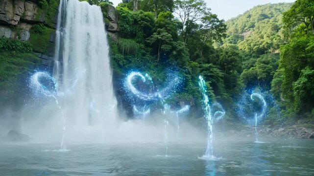 Enchanting blue light particles emerging from the lake at the base of a stunning waterfall, creating magical, swirling patterns and illuminating the mystical jungle landscape