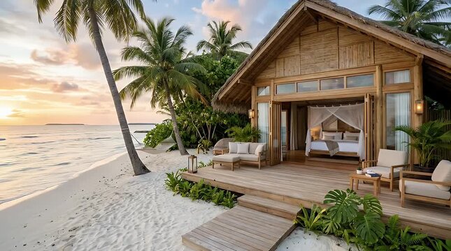 Elegant beachfront bungalow with outdoor seating and lush tropical scenery