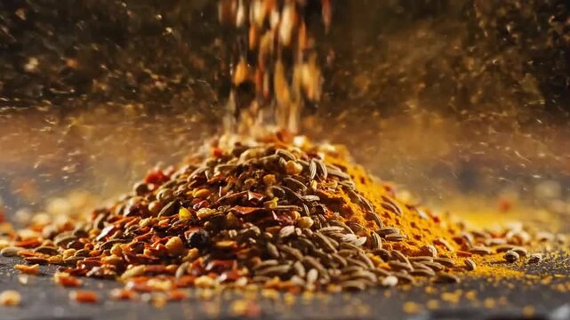 Aromatic mixed spices falling into a rustic pile with warm golden lighting and dramatic dust particles background