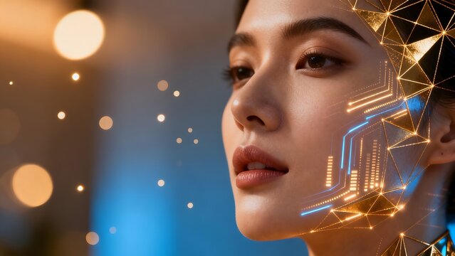 Woman with digital face circuitry