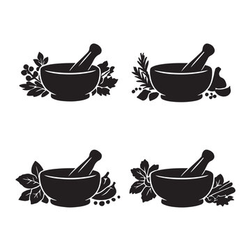Set of mortar and pestle black icons with various herbs and spices for natural and healthy cuisine.
