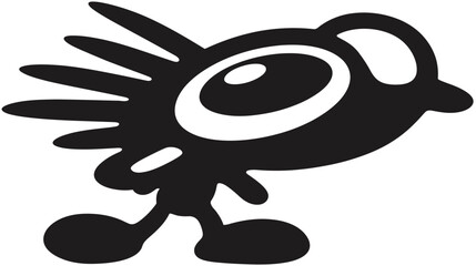 Obraz premium Cute black and white cartoon character with large expressive eyes and spiky head. Quirky imaginary creature vector illustration, walking pose.
