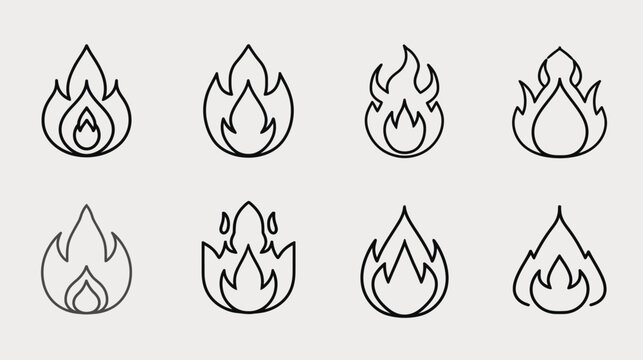 Diverse line art fire icon set. Outline flame symbols for heat, energy, danger, and warning concepts. Modern vector graphics collection.