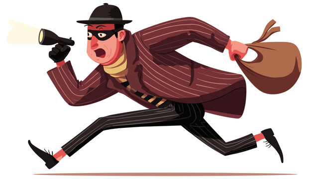 Humorous Cartoon Thief Running with Stolen Sack and Flashlight. Masked Burglar in Fedora Hat Escaping Crime Scene. Vector Illustration.