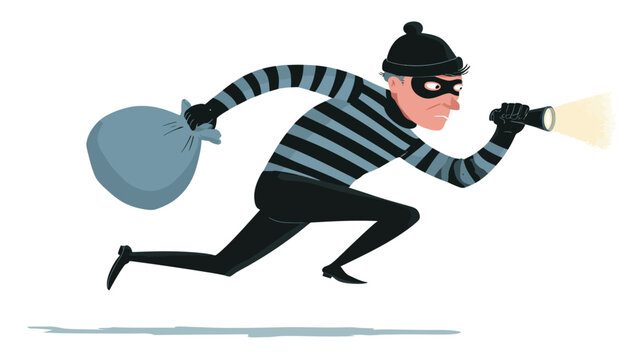 Cartoon burglar running with a sack of loot and a flashlight, illustrating crime, robbery, illegal activity, and escape.