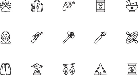 Outdoor Recreation, Scuba Diving, and Camping Adventure Line Art Icon Set Featuring Campfires, Diving Suits, Teepees, and Torches for Travel and Leisure © jesmin_