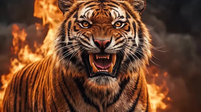 Fierce tiger walking through fiery landscape during intense sunset