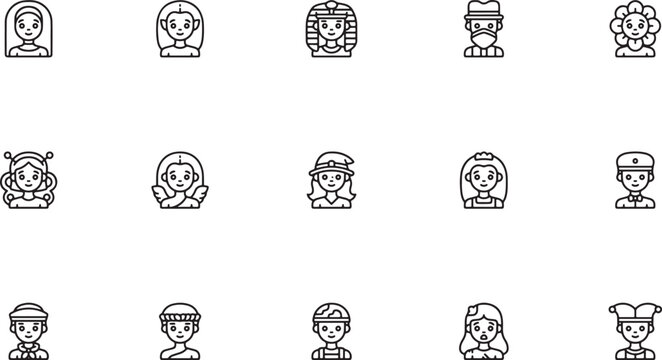 Female Avatar and Historical Character Line Art Icon Set Featuring Doctors, Pharaohs, Brides, and Professional Women for User Profile and Gaming UI Concepts