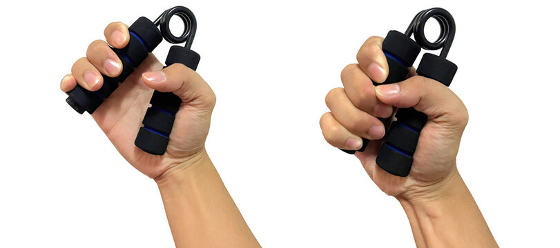 Hand gripping adjustable spring hand gripper in open and closed positions, demonstrating grip strength training, forearm exercise, rehabilitation, and fitness improvement isolated on clean background
