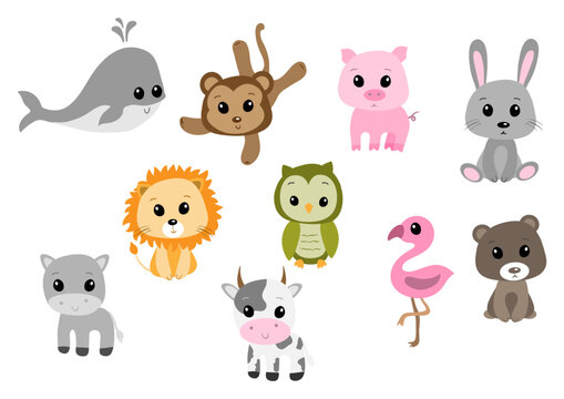 Cute Animal Collection Vector Set Cartoon Wildlife and Farm Animals Illustrations