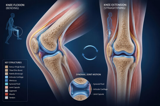 Detailed Human Knee Joint Anatomy Illustration Showing Flexion and Extension Movement