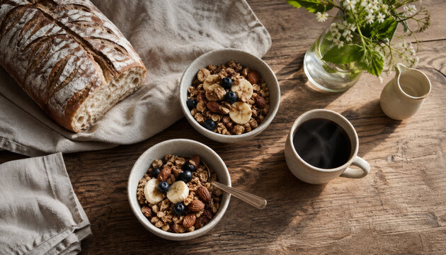 Delicious breakfast with granola, fruit, coffee, and fresh bread