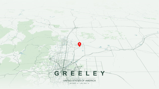 Modern minimalist vector map of Greeley, Colorado, USA. High-quality scalable illustration of Greeley city grid, Cache la Poudre River contours, U.S. Route 34, U.S. 85 for posters design.