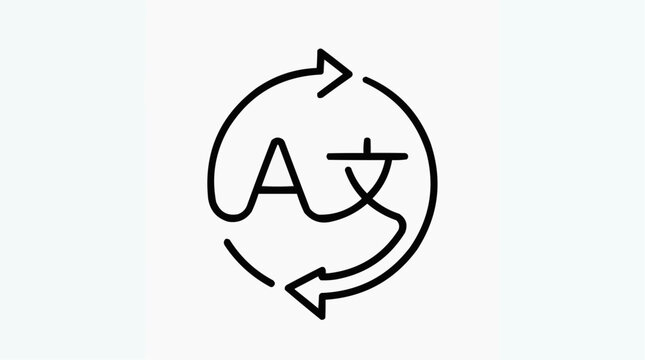 Language Translation Icon: A minimalist line art icon depicts a circular arrow symbol surrounding the letters 'A' and '文' (Chinese character for text).