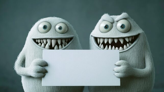 Two white monsters hold a blank card in front of them. They have toothy smiles on their faces. Can be used for advertising, marketing, promotion or presentation.