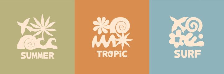 Obraz premium Surf vintage prints with ocean waves,sun shapes,organic nature forms,birds,palm.Summer surf aesthetic.Retro summer graphics for posters,stickers,apparel prints,surf branding,packaging,social media.