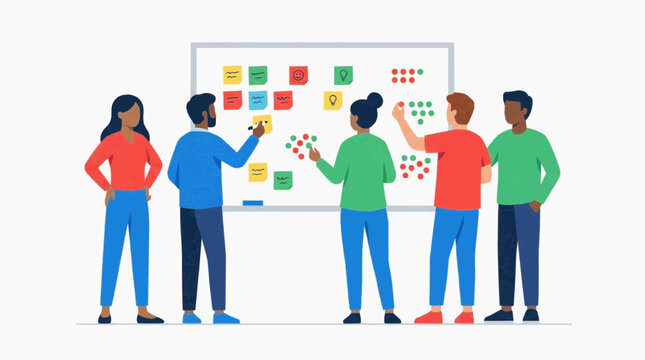Team brainstorming session at a whiteboard with colorful sticky notes and abstract representations. Five diverse individuals collaborate, engaging in creative problem-solving and idea generation.