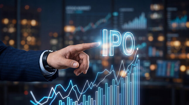 Business Person Indicate Initial Public Offer Growth on Financial Chart Investment Concept