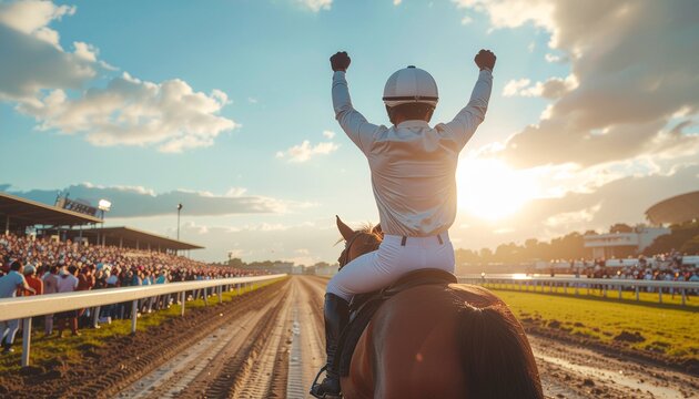 Jockey celebrating victory on horseback at sunset on a race track.