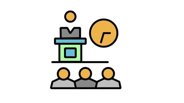 Animated business conference icon showing a speaker on stage giving a lecture to an audience under a wall clock.