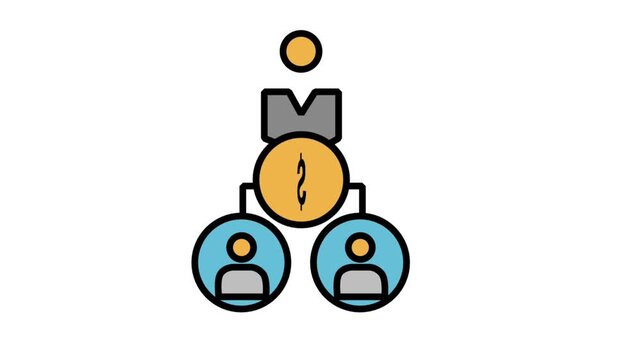 Motion graphic icon showing a business organizational team hierarchy tree chart with a gold coin currency symbol in center.