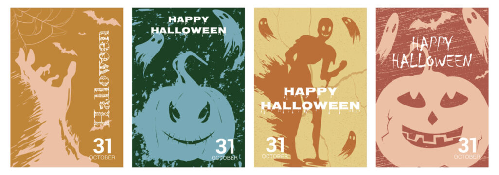A set of Halloween posters featuring an evil pumpkin, bats and ghosts, zombies, and a grunge-textured hand. A set of four banners. A poster, invitation, Halloween post, and banner template.