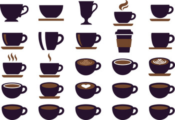 Fototapeta premium Coffee cup silhouette vector set with hot beverage icons espresso mugs latte art and takeaway cups