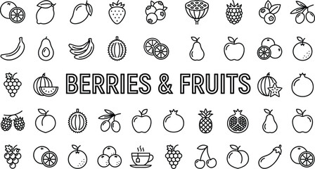 Fruit and berry line icon vector set featuring organic food symbols isolated on white background © IconicCreations