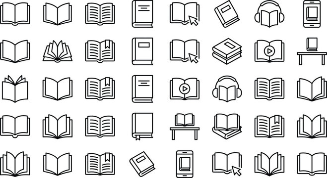 Book line icon vector set featuring open reading textbooks audiobook headphones and digital learning library symbols