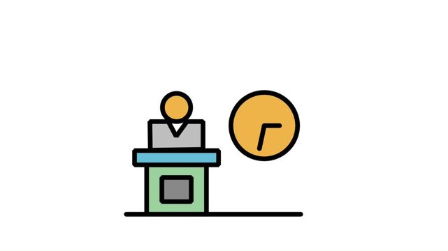 Animated flat icon of a businessman speaker standing on a podium giving a presentation under a wall clock background.