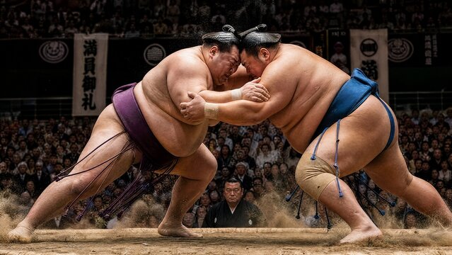 Two sumo wrestlers in a powerful stance on the ring, dust rising.