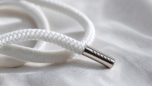 Close-up of white sneaker lace with metallic aglet on fabric.