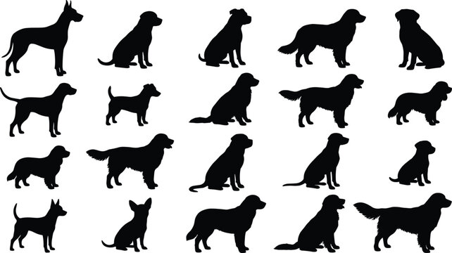 Dog breed silhouette vector set with various domestic purebred dogs standing and sitting isolated on white background