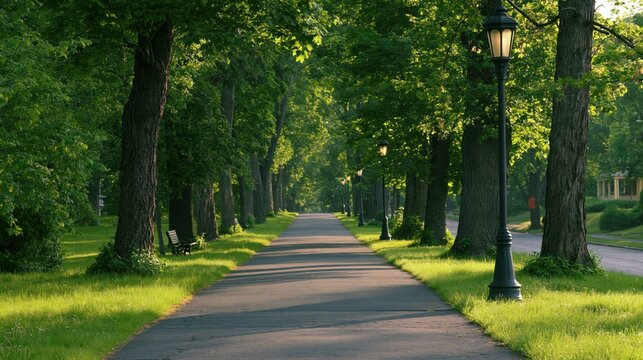 Tree‑lined park pathway with lamppost in upscale neighborhood
