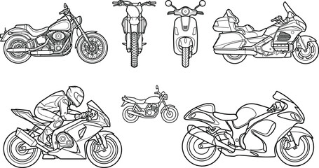 Motorcycle line art vector icon set featuring chopper cruiser touring bike scooter sports racing motorcycle and dirt bike © IconicCreations