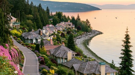 Naklejka premium Coastal residential community on a hillside at sunset
